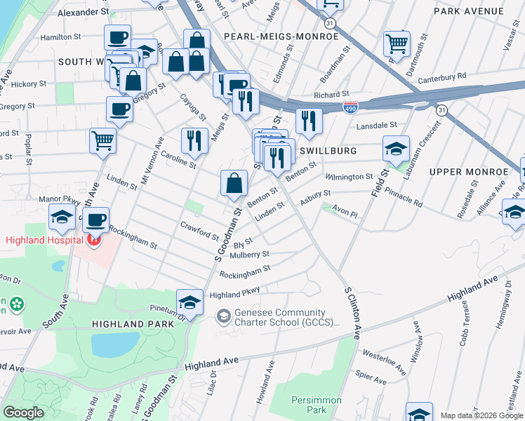 map of restaurants, bars, coffee shops, grocery stores, and more near in Rochester