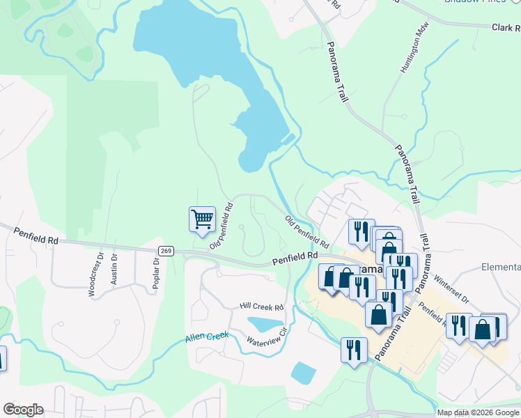 map of restaurants, bars, coffee shops, grocery stores, and more near 1 Shady Run Lane in Rochester