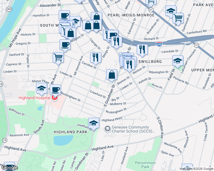 map of restaurants, bars, coffee shops, grocery stores, and more near 869 South Goodman Street in Rochester