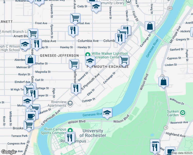 map of restaurants, bars, coffee shops, grocery stores, and more near 70 Magnolia Street in Rochester