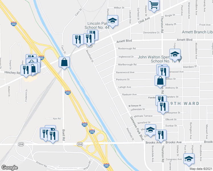map of restaurants, bars, coffee shops, grocery stores, and more near 233 Westfield Street in Rochester