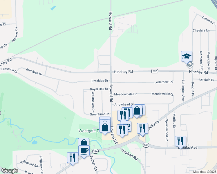 map of restaurants, bars, coffee shops, grocery stores, and more near 1367 Howard Road in Rochester