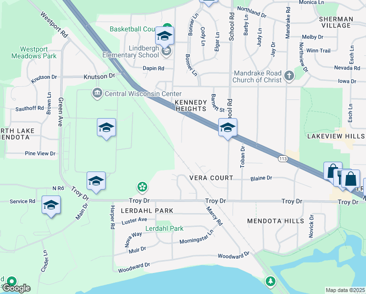 map of restaurants, bars, coffee shops, grocery stores, and more near 57 Northridge Terrace in Madison