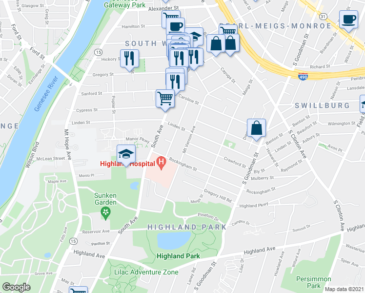 map of restaurants, bars, coffee shops, grocery stores, and more near 265 Mount Vernon Avenue in Rochester
