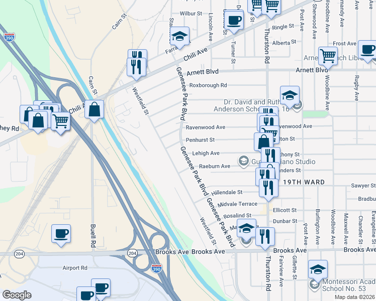 map of restaurants, bars, coffee shops, grocery stores, and more near 1024 Genesee Park Boulevard in Rochester