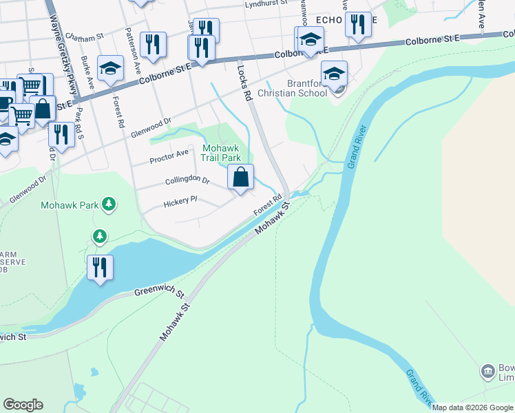 map of restaurants, bars, coffee shops, grocery stores, and more near 163 Forest Road in Brantford