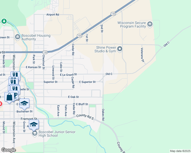 map of restaurants, bars, coffee shops, grocery stores, and more near 5410 East Superior Street in Boscobel