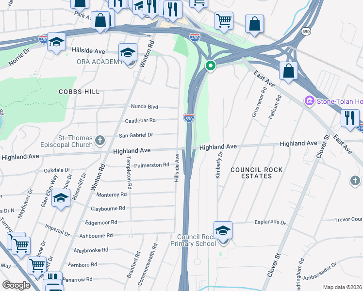map of restaurants, bars, coffee shops, grocery stores, and more near 2240 Highland Avenue in Rochester