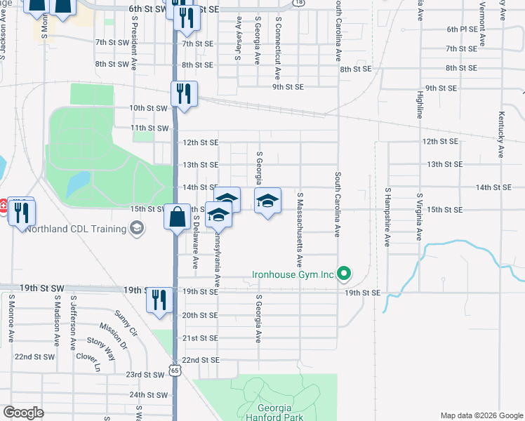 map of restaurants, bars, coffee shops, grocery stores, and more near 313 15th Street Southeast in Mason City