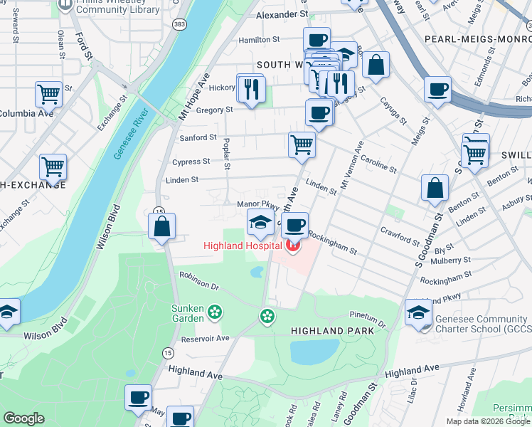 map of restaurants, bars, coffee shops, grocery stores, and more near 905 South Avenue in Rochester