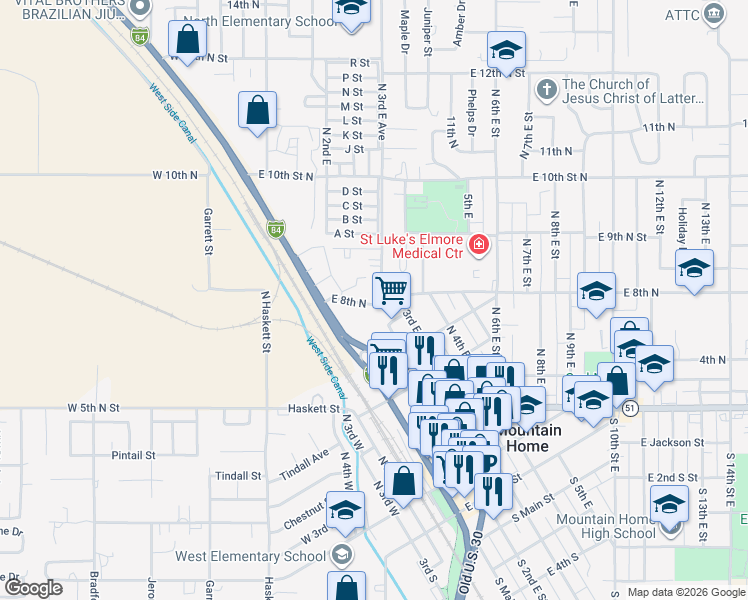 map of restaurants, bars, coffee shops, grocery stores, and more near 119 East 8th North in Mountain Home