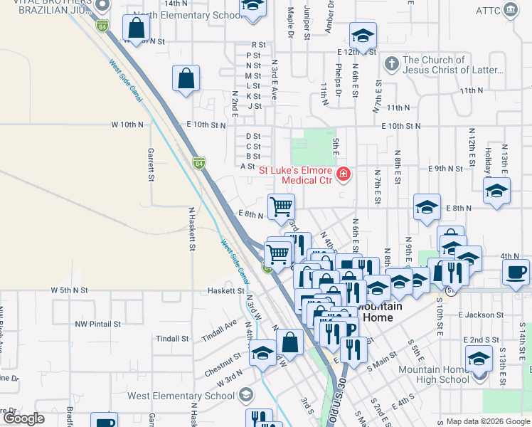 map of restaurants, bars, coffee shops, grocery stores, and more near 119 East 8th North in Mountain Home