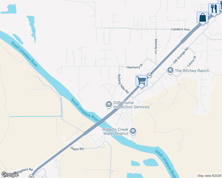 map of restaurants, bars, coffee shops, grocery stores, and more near 170 Nehalem Loop in Roseburg