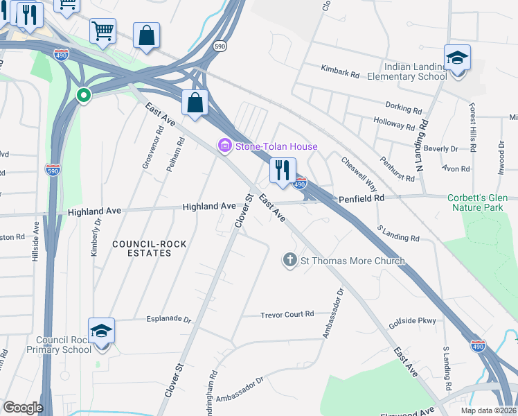 map of restaurants, bars, coffee shops, grocery stores, and more near 2525 East Avenue in Rochester