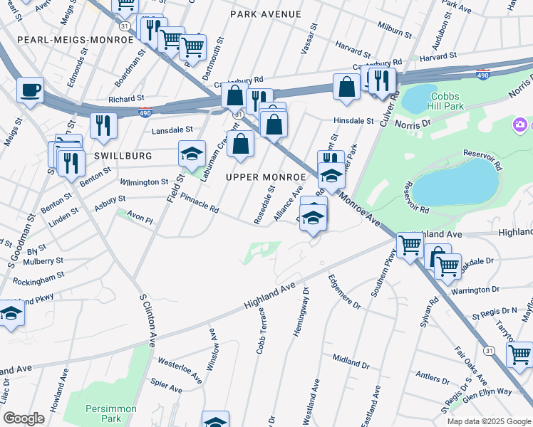 map of restaurants, bars, coffee shops, grocery stores, and more near 123 Pinnacle Road in Rochester