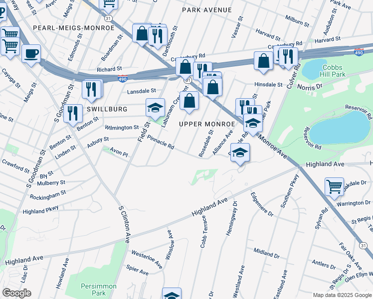 map of restaurants, bars, coffee shops, grocery stores, and more near 145 Pinnacle Road in Rochester