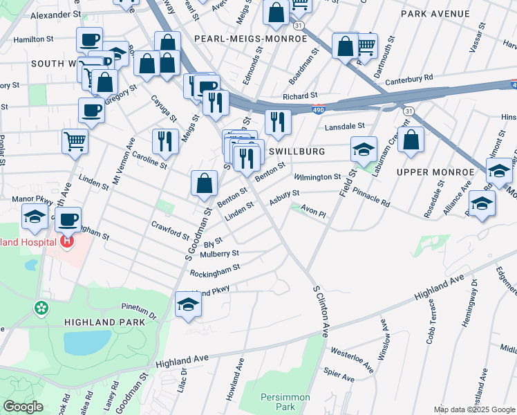 map of restaurants, bars, coffee shops, grocery stores, and more near 709 Linden Street in Rochester