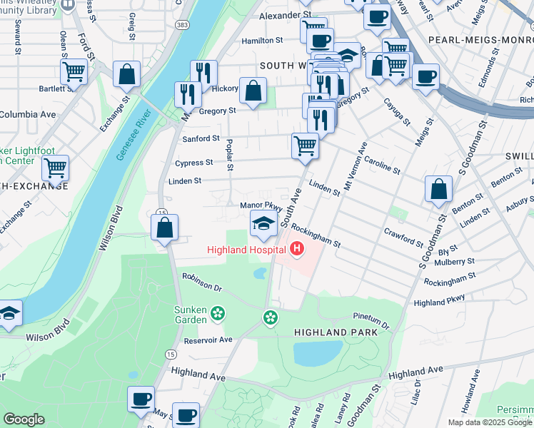 map of restaurants, bars, coffee shops, grocery stores, and more near 63 Manor Parkway in Rochester
