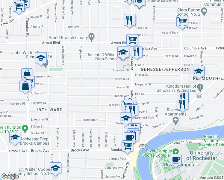 map of restaurants, bars, coffee shops, grocery stores, and more near 80 Elmdorf Avenue in Rochester