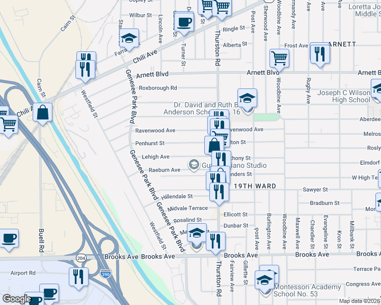 map of restaurants, bars, coffee shops, grocery stores, and more near 85 Lehigh Avenue in Rochester