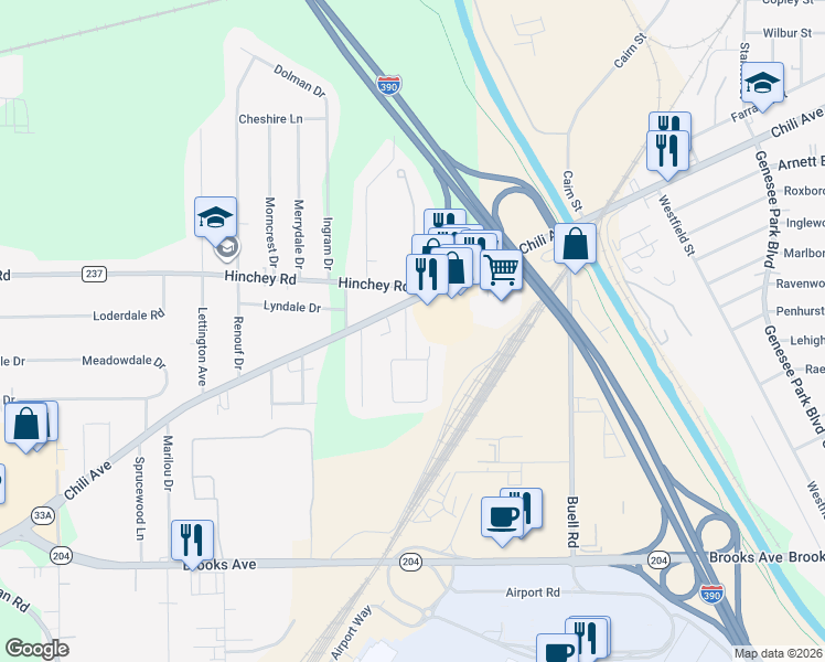 map of restaurants, bars, coffee shops, grocery stores, and more near 60 Frederick Drive in Rochester