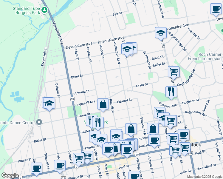 map of restaurants, bars, coffee shops, grocery stores, and more near 509 Ingersoll Avenue in Woodstock