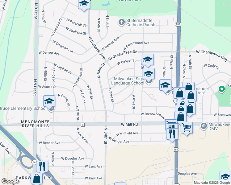 map of restaurants, bars, coffee shops, grocery stores, and more near 8243 West Acacia Street in Milwaukee