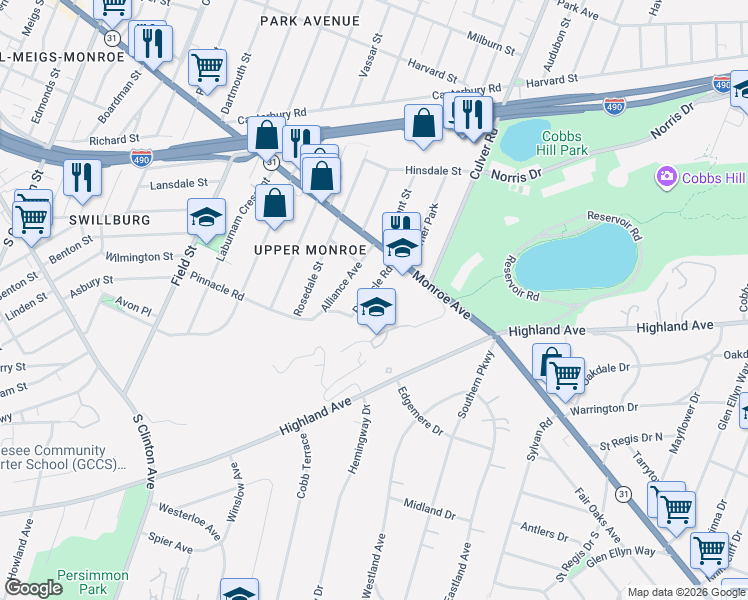 map of restaurants, bars, coffee shops, grocery stores, and more near 1175 Monroe Avenue in Rochester
