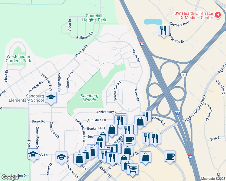 map of restaurants, bars, coffee shops, grocery stores, and more near 3362 Forest Run Court in Madison