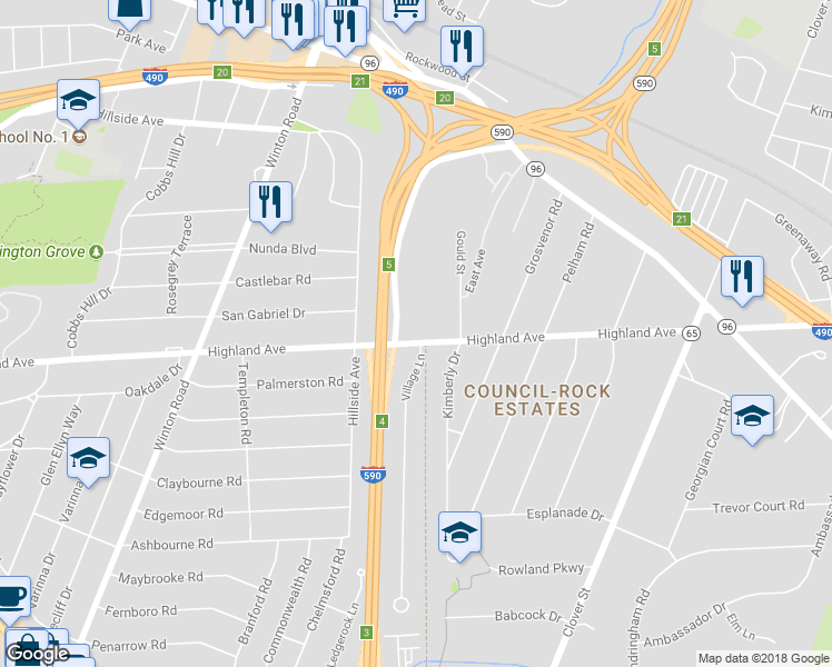 map of restaurants, bars, coffee shops, grocery stores, and more near 2316 Highland Avenue in Rochester