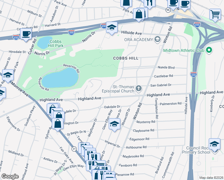 map of restaurants, bars, coffee shops, grocery stores, and more near 1834 Highland Avenue in Rochester