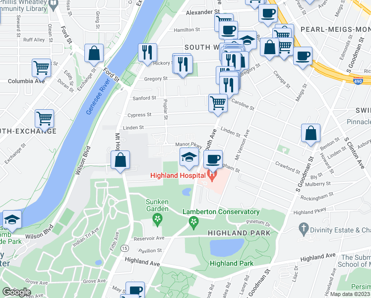 map of restaurants, bars, coffee shops, grocery stores, and more near 63 Manor Parkway in Rochester