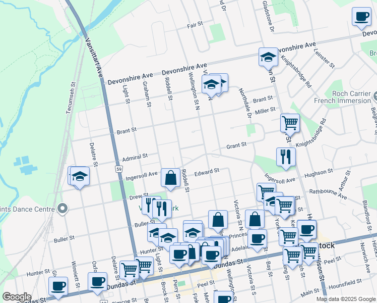 map of restaurants, bars, coffee shops, grocery stores, and more near 510 Admiral Street in Woodstock
