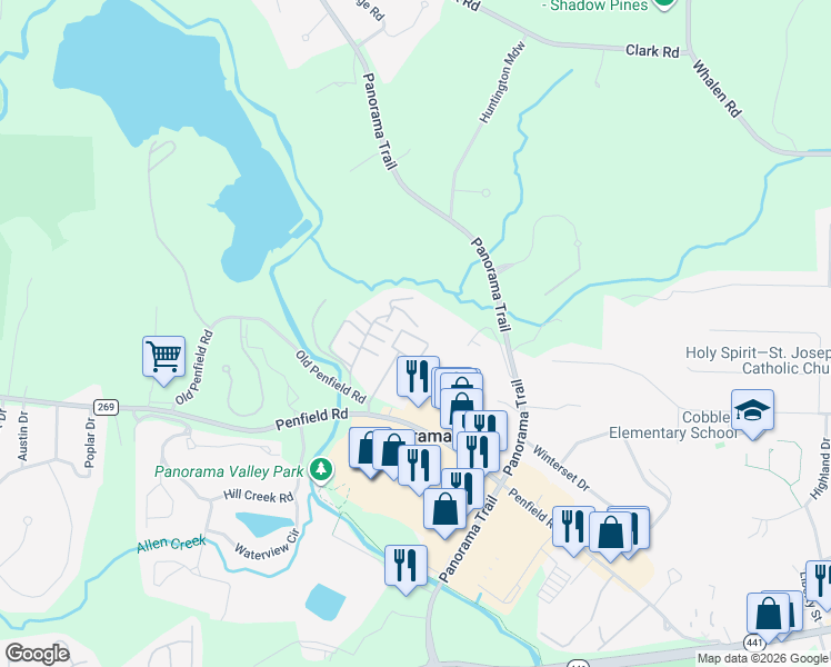 map of restaurants, bars, coffee shops, grocery stores, and more near 93 Penn Lane in Rochester