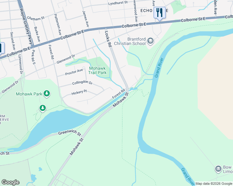 map of restaurants, bars, coffee shops, grocery stores, and more near 163 Forest Road in Brantford