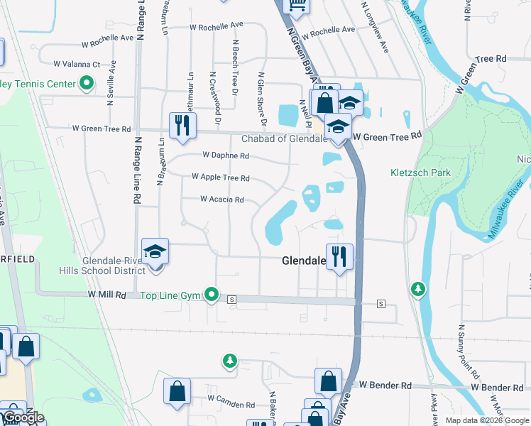 map of restaurants, bars, coffee shops, grocery stores, and more near 6590 North Atwahl Drive in Glendale