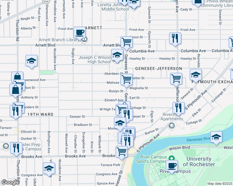 map of restaurants, bars, coffee shops, grocery stores, and more near 43 Roslyn Street in Rochester