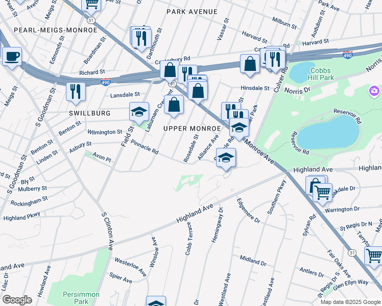 map of restaurants, bars, coffee shops, grocery stores, and more near 42 Rosedale Street in Rochester