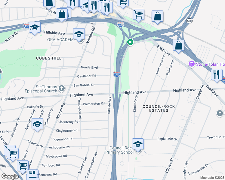 map of restaurants, bars, coffee shops, grocery stores, and more near 2240 Highland Avenue in Rochester