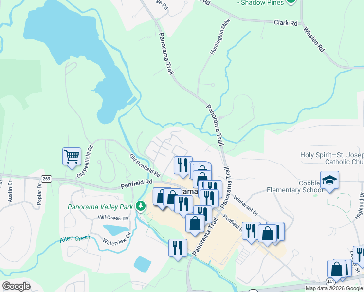 map of restaurants, bars, coffee shops, grocery stores, and more near 93 Penn Lane in Rochester