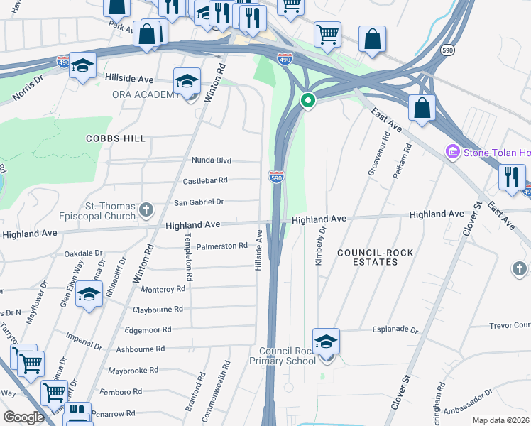 map of restaurants, bars, coffee shops, grocery stores, and more near 2240 Highland Avenue in Rochester