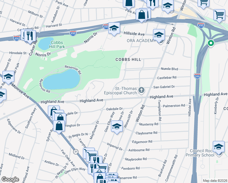 map of restaurants, bars, coffee shops, grocery stores, and more near 1834 Highland Avenue in Rochester