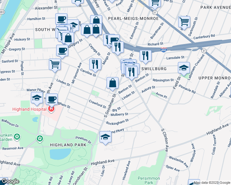 map of restaurants, bars, coffee shops, grocery stores, and more near 869 South Goodman Street in Rochester