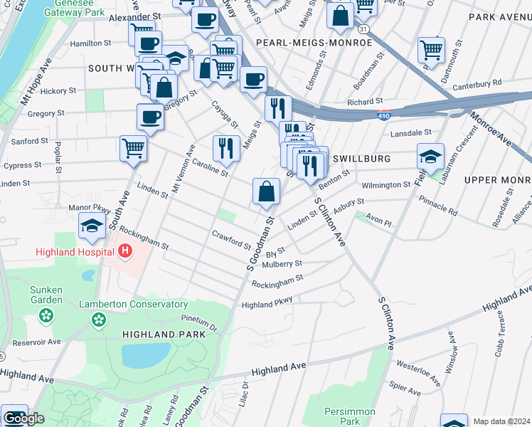 map of restaurants, bars, coffee shops, grocery stores, and more near 869 South Goodman Street in Rochester