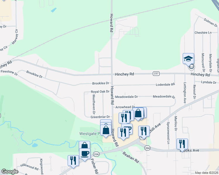 map of restaurants, bars, coffee shops, grocery stores, and more near 1367 Howard Road in Rochester