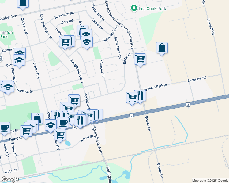 map of restaurants, bars, coffee shops, grocery stores, and more near 1093 Nellis Street in Woodstock
