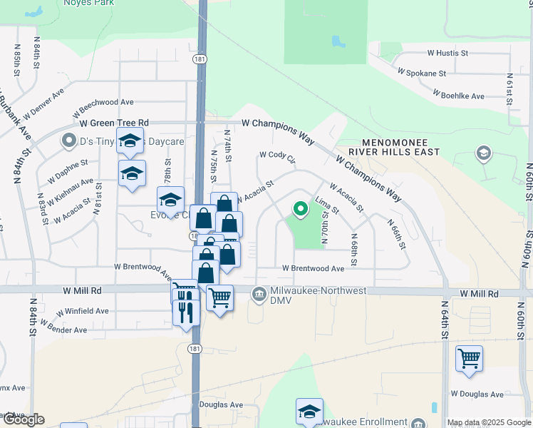map of restaurants, bars, coffee shops, grocery stores, and more near 6552 North 73rd Street in Milwaukee
