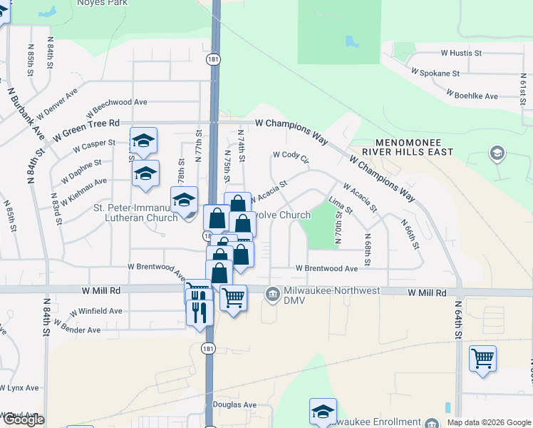 map of restaurants, bars, coffee shops, grocery stores, and more near 6552 North 73rd Street in Milwaukee
