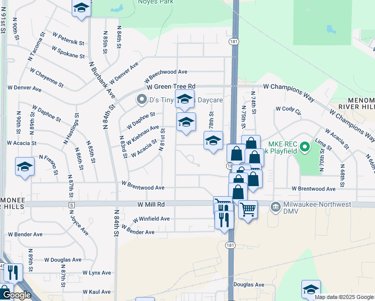 map of restaurants, bars, coffee shops, grocery stores, and more near 6540 North 80th Street in Milwaukee
