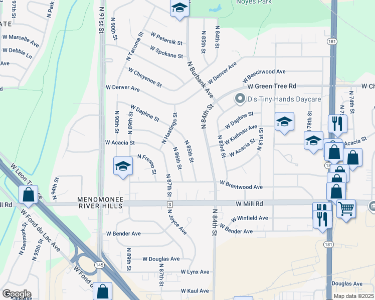 map of restaurants, bars, coffee shops, grocery stores, and more near 6546 North 86th Street in Milwaukee